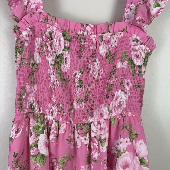 August Sky Women’s Smocked Midi Dress Pink Floral Tiered Ruffle Sleeveless L - Picture 5 of 10